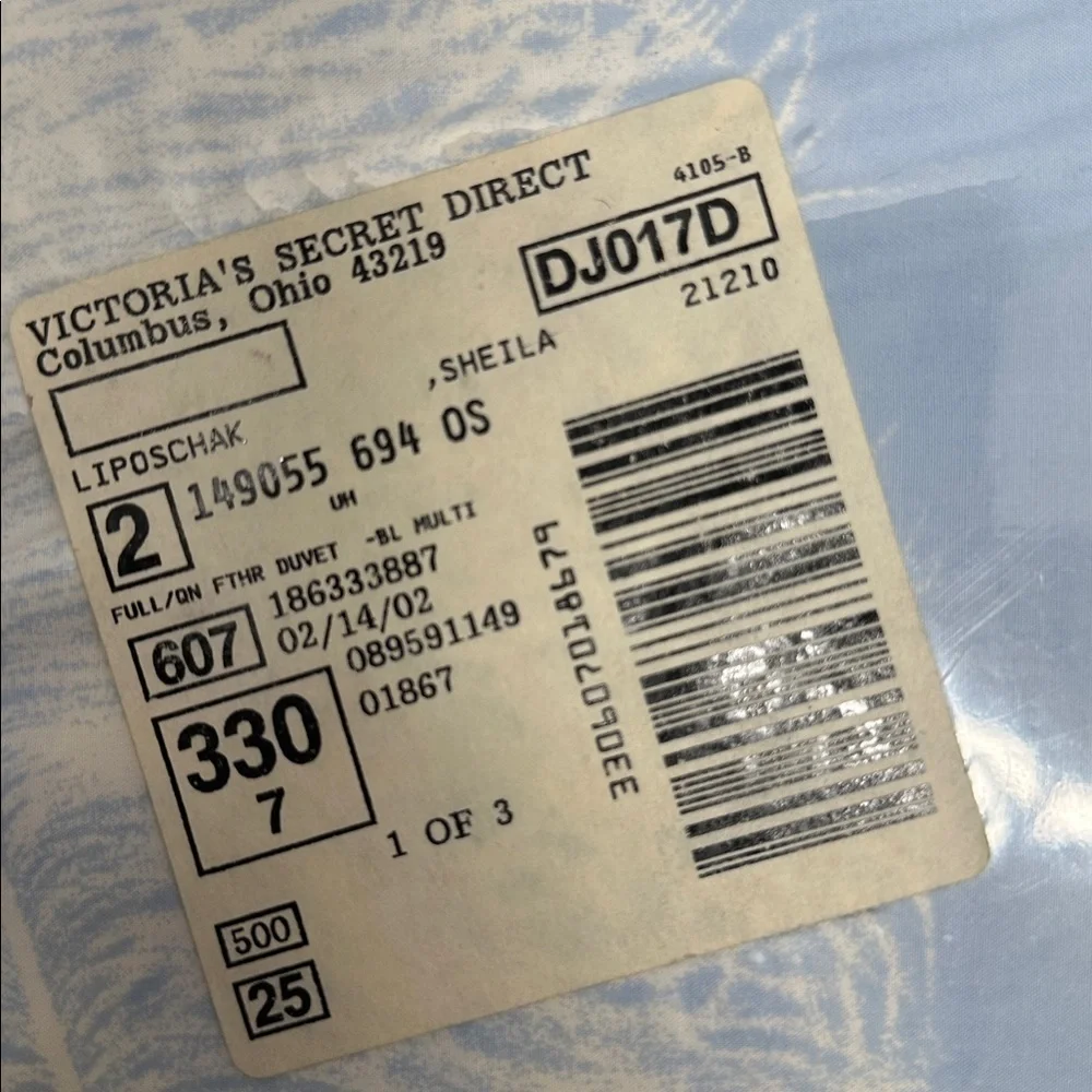 Victoria Secret Duvet Cover Feather Print Blue White Size Full / Queen New